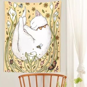 Vintage Graphic Cat Botanical Flower Tapestry Wall Decor